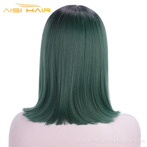 Aisi Hair Wholesale Middle Part Straight Bob Cosplay Mix Colors Black Green Lace Front For Black Woman Wig Hair Extensions